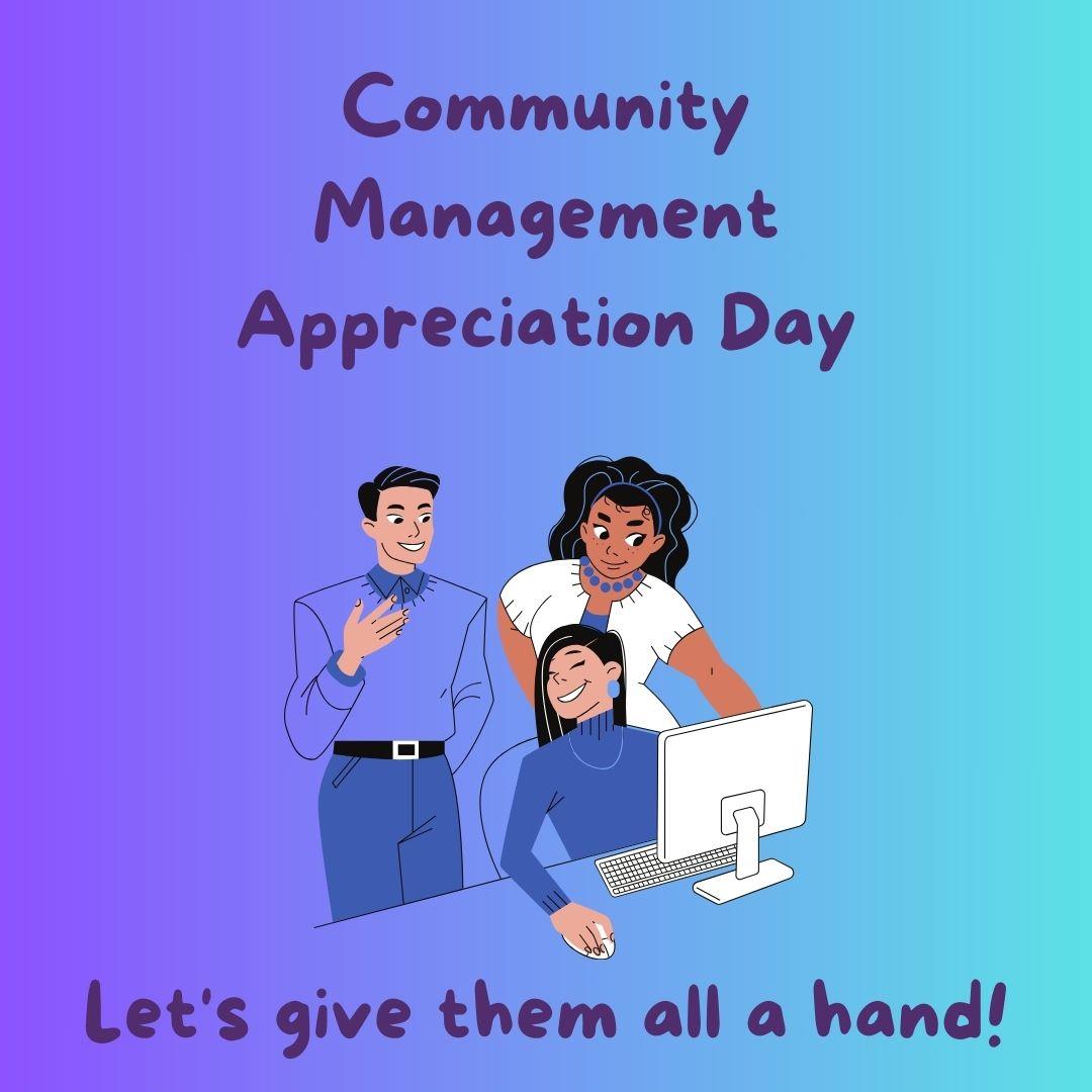 Community Management Appreciation Day Community Management Appreciation Day; let's give them a hand on colored background with characters smiling and looking at a computer screen